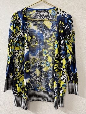 Cheryl Nash Colorful Floral Lightweight Button Front Cardigan with Striped Hem
